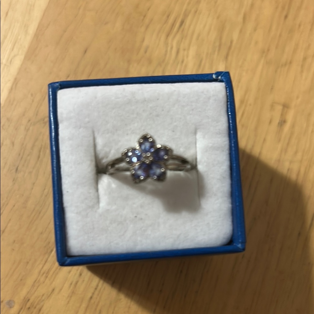 Silver Floral Ring with Purple Gemstones